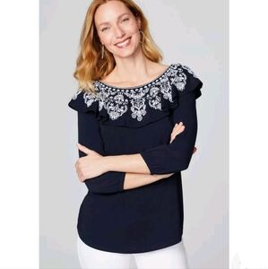 J. Jill Women's Navy Blue Embroidered Flounce Ruffle Cotton Blend Shirt Size M.